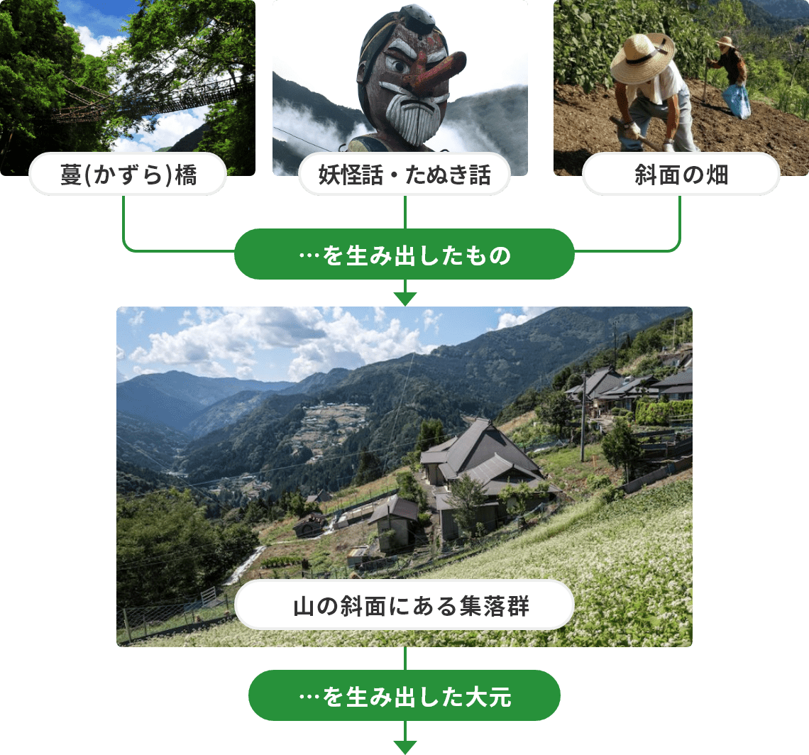 かずら橋、妖怪話・たぬき話、斜面の畑 …を生み出したもの 山の斜面にある集落群 …を生み出した大元